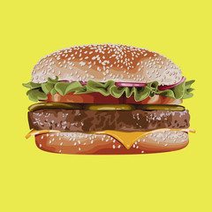 Isolated hamburger with sesame bun cutlet lettuce cheese tomatoes onion salted cucumbers