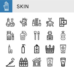 Set of skin icons such as Chainmail, Essential oil, Facial treatment, Makeup, Incense, Video player, Aromatherapy, Hand sanitizer, Makeup brushes, Tattoo artist, Liquid soap , skin
