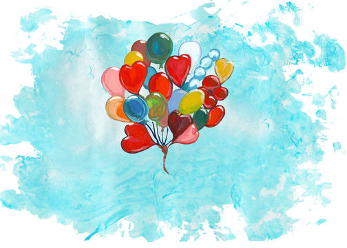  Bunch Of Colorful Balloons In Blue Watercolor Sky