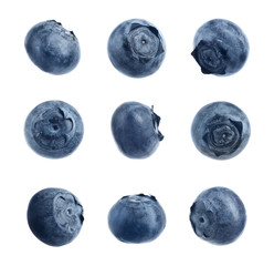 Set of delicious fresh blueberries on white background