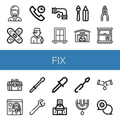 Set of fix icons such as Technician, Band aid, Technical Support, Watchmaker, Leak, Window, Paint tools, Garage, Plier, Toolbox, Service, Screwdriver, Wrench, Under construction , fix