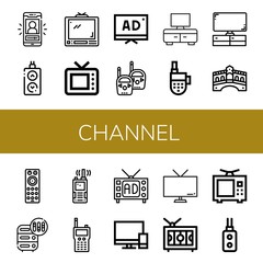 Set of channel icons such as Vlog, Remote, Tv, Old tv, Walkie talkie, Television, Rialto bridge, Remote control, Adjustment, Televisions , channel