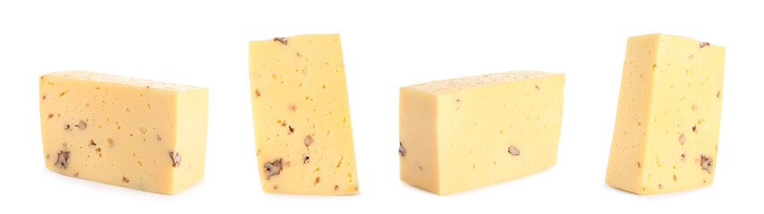 Set of delicious cheese on white background. Banner design