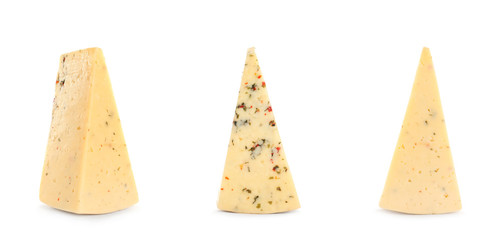 Set of delicious cheese on white background