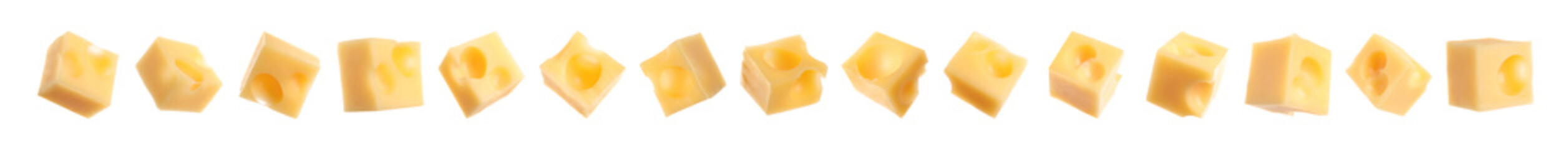 Set of delicious cheese cubes on white background. Banner design