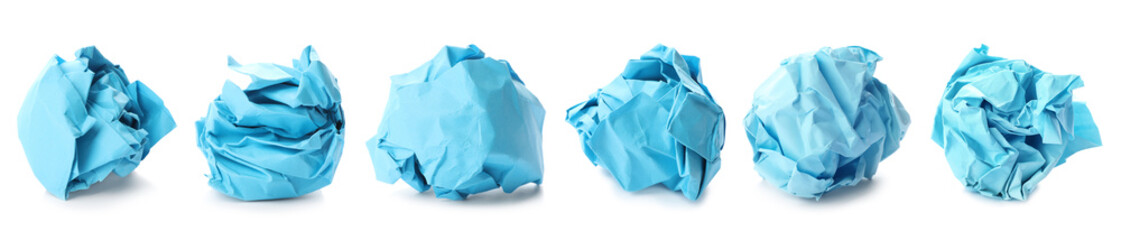 Set with blue paper balls on white background. Banner design