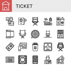 Set of ticket icons such as Ticket office, Actor, Passport, Directors chair, Airport, Ticket, Film, Director chair, Vending machine, Coupon, Travel, Popcorn, Lotto, Tickets ,