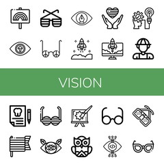 Set of vision icons such as Pride, Vision, Sunglasses, View, Startup, Strategic, Explorer, Dental insurance, Eye, Creative, Owl, Glasses , vision