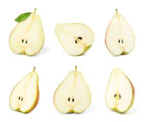 Set of cut sweet ripe pears on white background