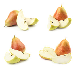 Set of sweet ripe pears on white background