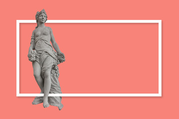 Design concept of a banner or a print for advertisement campaign. Generic woman statue in greek/roman style on a coral background with white frame. Copy space included