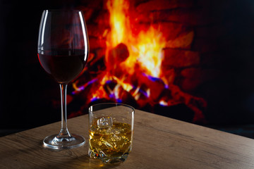 Glass of Wine in front of a fireplace