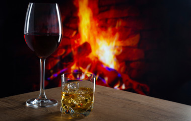 Glass of Wine in front of a fireplace