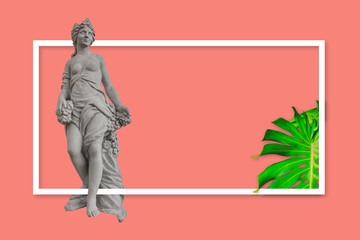 Design concept of a banner or a print for advertisement campaign. Generic woman statue in greek/roman style on a coral background, white frame and swiss cheese plant leaf. Copy space included