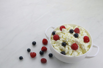 Bowl with cottage cheese and fresh berries on light background