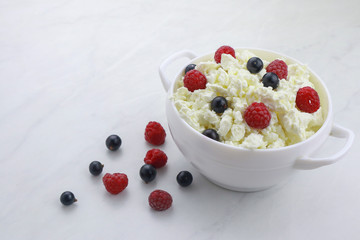 Bowl with cottage cheese and fresh berries on light background