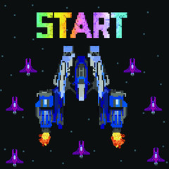 Retro video game, screen, arcade space warships, shooting, background map, vector graphic design illustration. 16 bit, 8 bit . Space place. Battles under the stars. Old computer games.