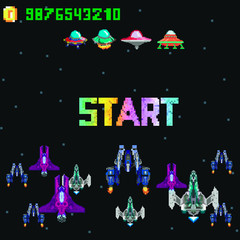 Retro video game, screen, arcade space warships, shooting, background map, vector graphic design illustration. 16 bit, 8 bit . Space place. Battles under the stars. Old computer games.