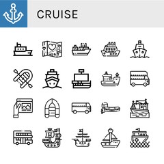 Set of cruise icons such as Anchor, Ship, Travel, Cargo ship, Cruise, Inflatable boat, Caravel, Bus, Motorboat, Boat, Touristic, Pirate ship, Sailboat, Rescue boat , cruise