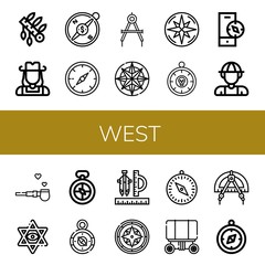 Set of west icons such as Headdress, Cowgirl, Compass, Explorer, Pipe of peace, Star of david, Wagon , west