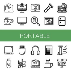 Set of portable icons such as Laptop, Coffee cup, Computer, Flashlight, Tablet, Fridge, Usb, Flash drive, Walkie talkie, Headphones, Chamber, Air pump , portable