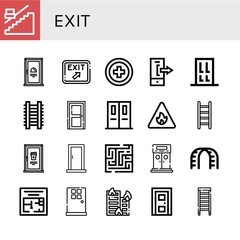 Set of exit icons such as Stair, Door, Exit, Red cross, Logout, Ladder, Emergency exit, Fire sign, Maze, Entrance, Stairs, Evacuation plan, Building on fire ,