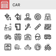 Set of car icons such as Warehouse, Kite, Rapper, Barometer, Car seat, Golf, Key, Blower, Belt, Rubber land, Food truck, Electric meter, Firefighter, School bus, Highway , car
