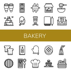 Set of bakery icons such as Pastry, Wedding cake, Muffin, Oven mitt, Dough, Chef, Restaurant, Toast, Pie, Wine menu, Churros, Chef hat, Round bread, Dessert, Bread , bakery