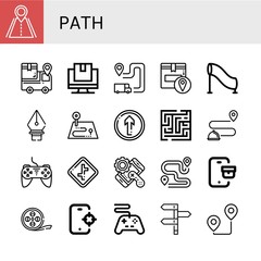 Set of path icons such as Road, Tracking, Itinerary, Tunnel, Pen tool, Route, Straight, Maze, Controller, Crossroads, Film strip, Directions , path