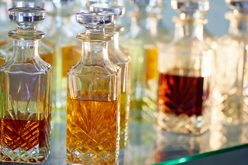 Glass perfume bottles based oils. A Bazaar, market. Aroma oils, oil perfume in faceted glass vessels.