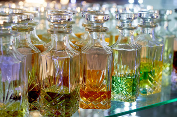 Glass perfume bottles based oils. A Bazaar, market. Aroma oils, oil perfume in faceted glass...