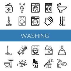 Set of washing icons such as Antiseptic, Mop, Clothespin, Washing machine, Rubber gloves, Bidet, Cleaning brush, Hand washing, Foam hand, Cleaner, Cleaning ,