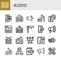 Set of audio icons such as Turntable, Cassette, Boombox, Mute, Grand piano, Compressed file, Slider, Vga, Microphone, Play button, Megaphone, Drum, Radio, Filter, Video , audio
