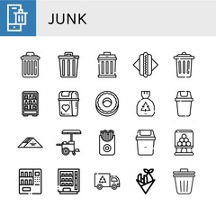 Set of junk icons such as Bin, Delete, Trash, Garbage, Hot dog, Vending machine, Donut, Sandwich, French fries, Candy machine, Fish and chips, Trash bin , junk