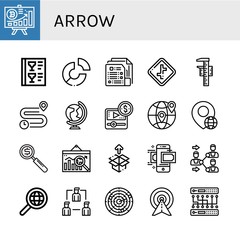 Set of arrow icons such as Diagram, Menu, Pie chart, Document, Crossroads, Measuring, Distance, World, Media player, Earth, Globe, Investment, Analytics, Unboxing, Money transfer , arrow