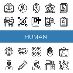 Set of human icons such as Brain, Desk, Thief, User, Baby, Law, Team, Payment, Resume, Dental record, Angry, Policeman, Dead, Toothpaste, Euro, Office worker, Love, Eye test , human