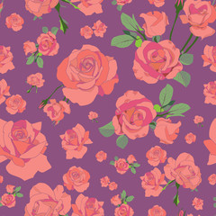 Coral roses over light purple seamless pattern