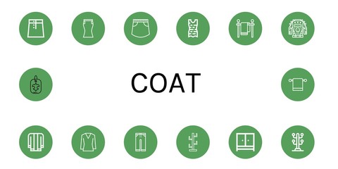 Set of coat icons such as Skirt, Clothes, Clothes line, Jacket, Blouse, Trousers, Coat stand, Wardrobe, Fleur de lis, Towel hanger , coat