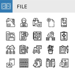 Set of file icons such as Bill, Document, Reporter, File, Sketchbook, Floppy disk, Cabinet, Cloud storage, Medical record, Cloud computing, Invoice, Stationery, Checklist , file