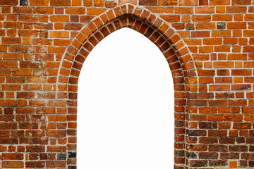 Portal door arch way window frame filled with white in the center of ancient red orange brick wall with as surface texture background. - 280485270