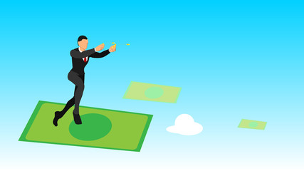 businessmen throw gold coins in the sky. flat vector characters with solid colors. surfing with money. blank template for business themes.