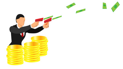 illustration of business people who use a money thrower. Theme background templates save profits. gold coins and rain of paper money. close up