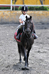 Small girl during horseback riding training lesson