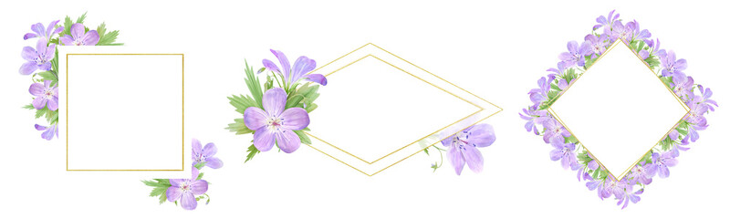 Frame set of lilac watercolor geranium flowers isolated on white background. Perfect for web design, cosmetics design, package, textile, wedding invitation, logo