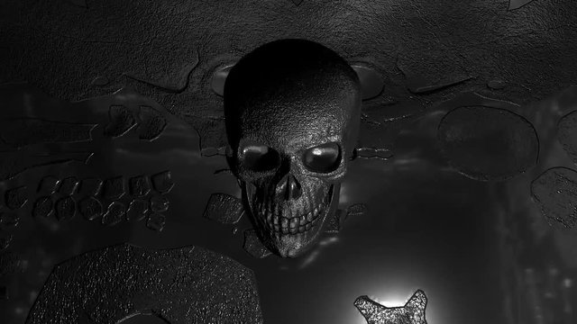 Silver human skull inside a small reflective skull printed room.
