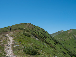 Beautiful mountain landscape of Western Tatra mountains or Rohace with men hiker with backpack hiking trail on ridge. Sharp green grassy rocky mountain peaks with scrub pine. Summer blue sky