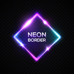 Neon light color square frame on transparent background. Electronic luminous rectangle sign for flyer poster design. Shining electric led lamp rhombus in 1980 retro style. Bright vector illustration.