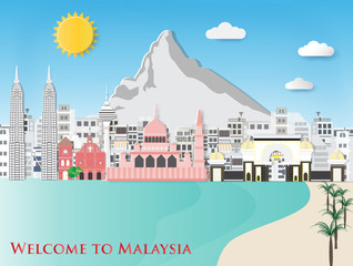 Malaysia travel and most famous landmarks,paper art style.