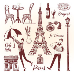 French vintage set with lettering. Illustration in sketch style. Isolated icons for vintage background.
