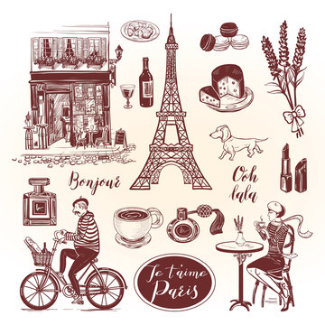 French vintage set with lettering and symbol of Paris in sketch style.